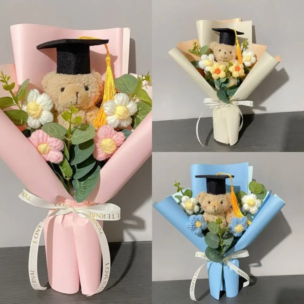 

New Dr. Bear Graduation Bouquet Cartoon with Light String Bouquet Decoration Lovely Hand Knitted Plush Toy Party Decor