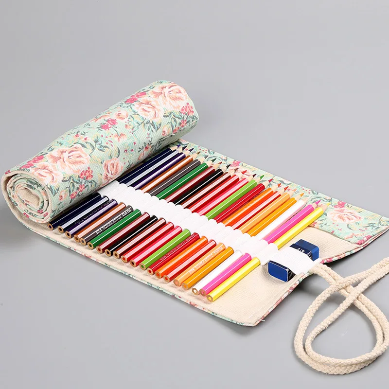 Floral Fabric Pen Curtain 12/24/36/48/72 Hole Sketch Colored Lead Roll Pencil Case Storage Stationery Box Pencil Bag