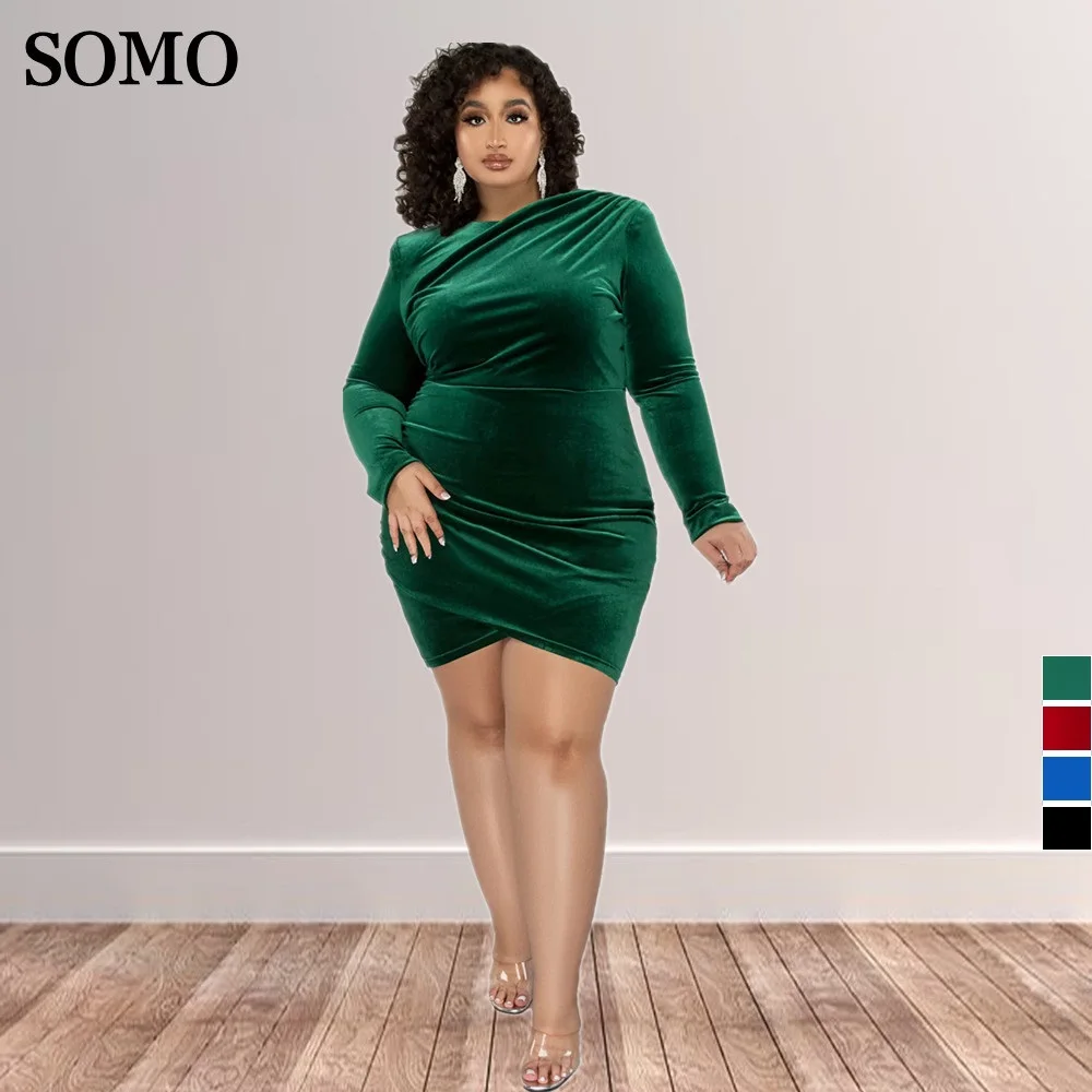 SOMO Plus Size Simple Solid Color Dresses for Women Long Sleeve Mini Dress Long Sleeve Fashion Pleated Wholesale Dropshipping