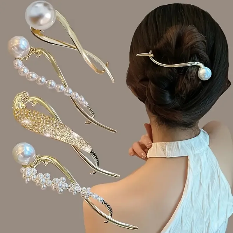 

4pcs Women's Fashion Elegant Flash Pearl Hairpin Rhinestone Fishtail Twist Buckle Hairpin Daily Hair Accessories Jewelry Hairpin