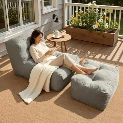 Bean Bag Chair for Adults with Ottoman, 2 in 1 Indoor Outdoor Chair | Supportive Leg Rest, No Assembly, Water-Resistant