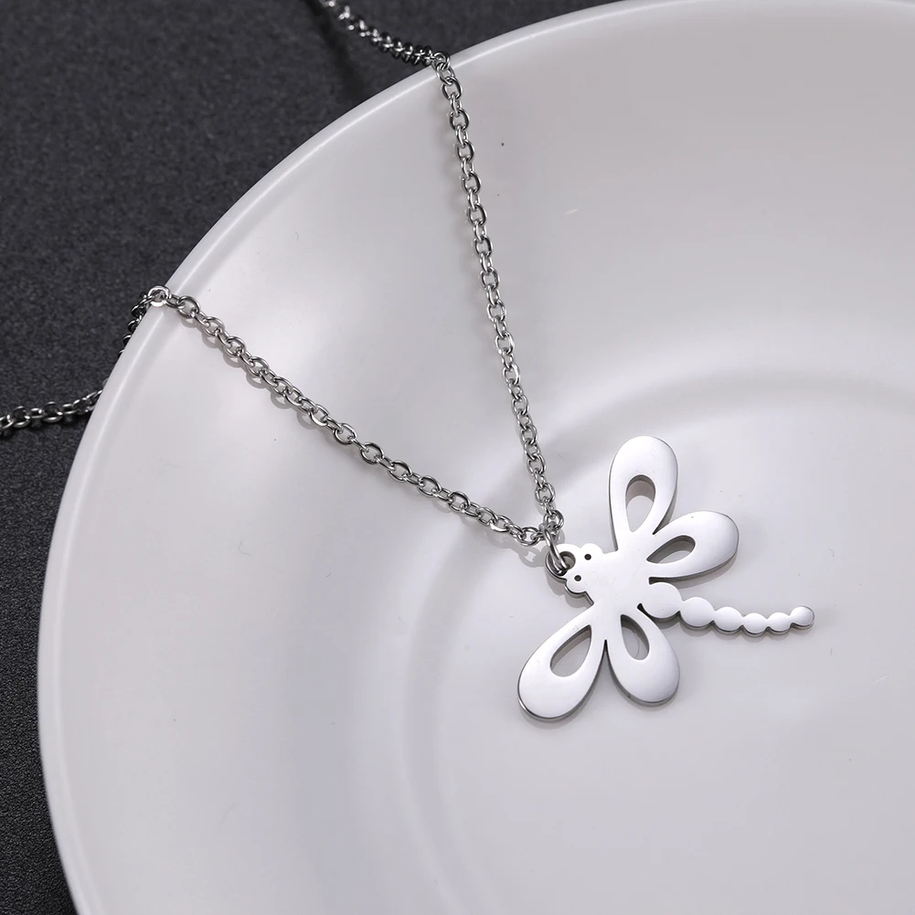 Small Dragonfly Pendant Stainless Steel Necklace Lovely Animal Chain for Women Ladies Valentine's Day Anniversary Jewelry Gift