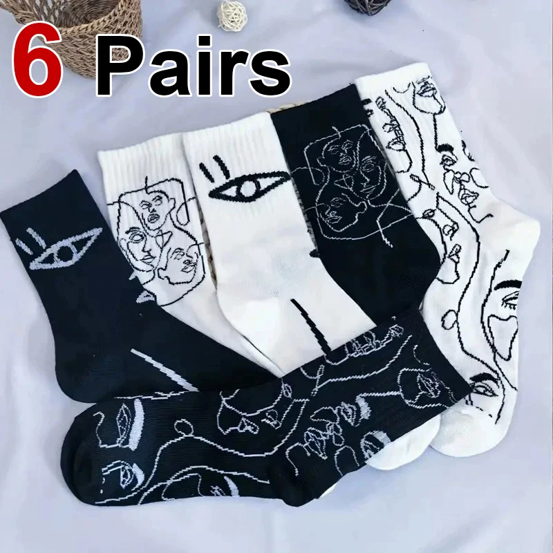 6 Paar Linienmuster, sowohl für Männer und Frauen, modische Mittelrohrsocken, schweißabsorbierend, atmungsaktiv, für Paare, alle Jahreszeiten, sportliche Freizeitsocken