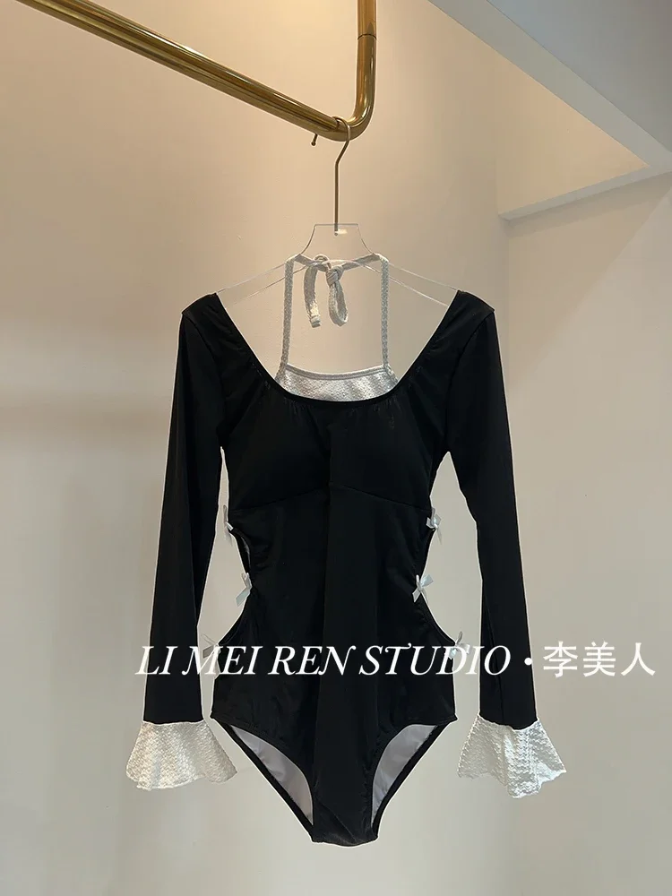 New neck hanging  two-piece set, waist cinching and slimming long sleeved butterfly bow one-piece swimsuit for women