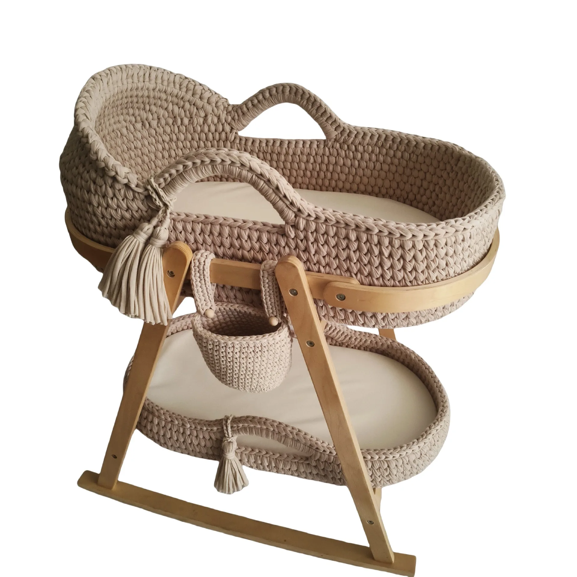 Hand crochet cradle hand-held frame cotton rope woven bed cloth strip woven hand basket