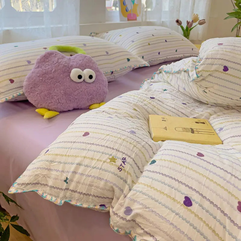 Ins Bedding Set Purple Love Stripe Double Layer Yarn Four Piece Dormitory Girl Heart Bed Sheet And Quilt Set Washed Cotton