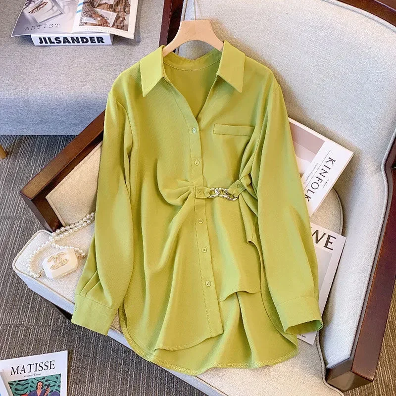 

Женская рубашка весна 2026: Новинка, однотонная, с длинным рукавом, на пуговицах, с асимметричным подолом, средней длины, повседневная, для женщин