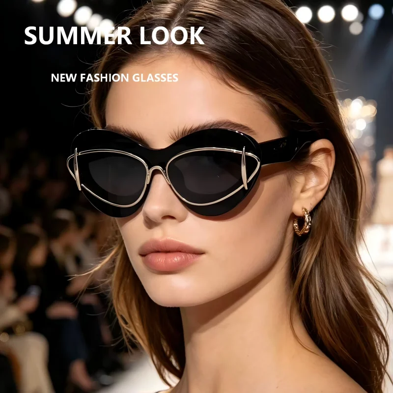 

SUMMER LOOK Retro Cat Eye Sunglasses Women Eyewear UV400 Black Gold Frame Luxury Fashion Runway Eyewear