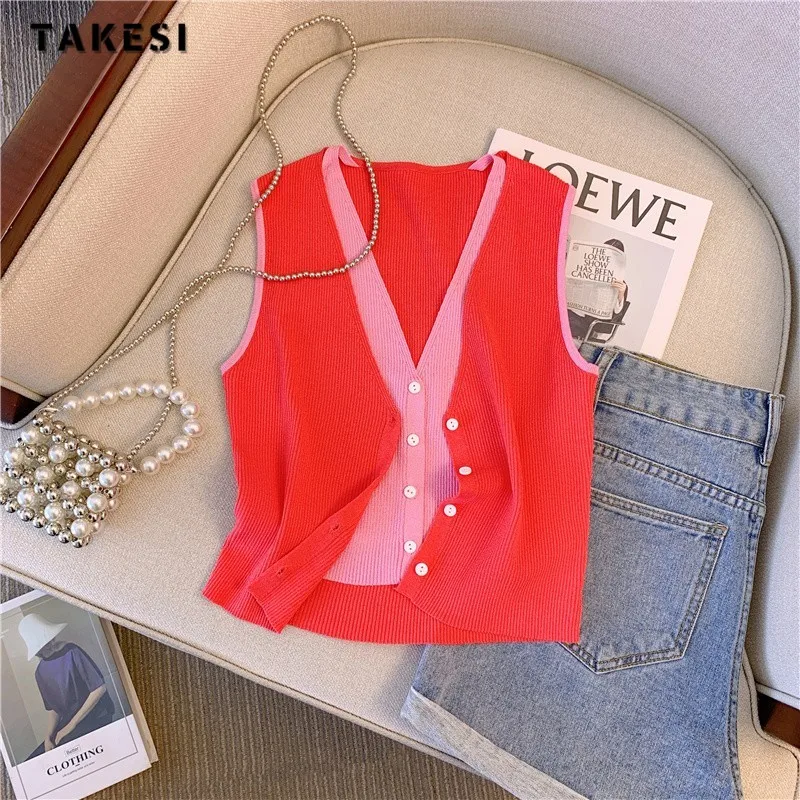 Fake Two Pieces Sweater Vest Women 2024 Summer Sleeveless V-neck Tops Knitwear Stylish Fashion Chic Sexy Ladies Jumpers Vests