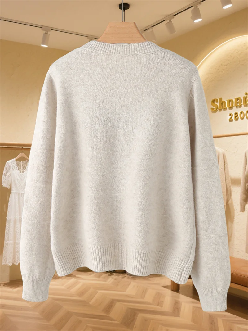 Suéter de Punto Estilo Coreano con Bordado de Letras, Cuello Redondo, Capa Base, Moda Primavera Otoño, Ropa Abrigada para Muj...