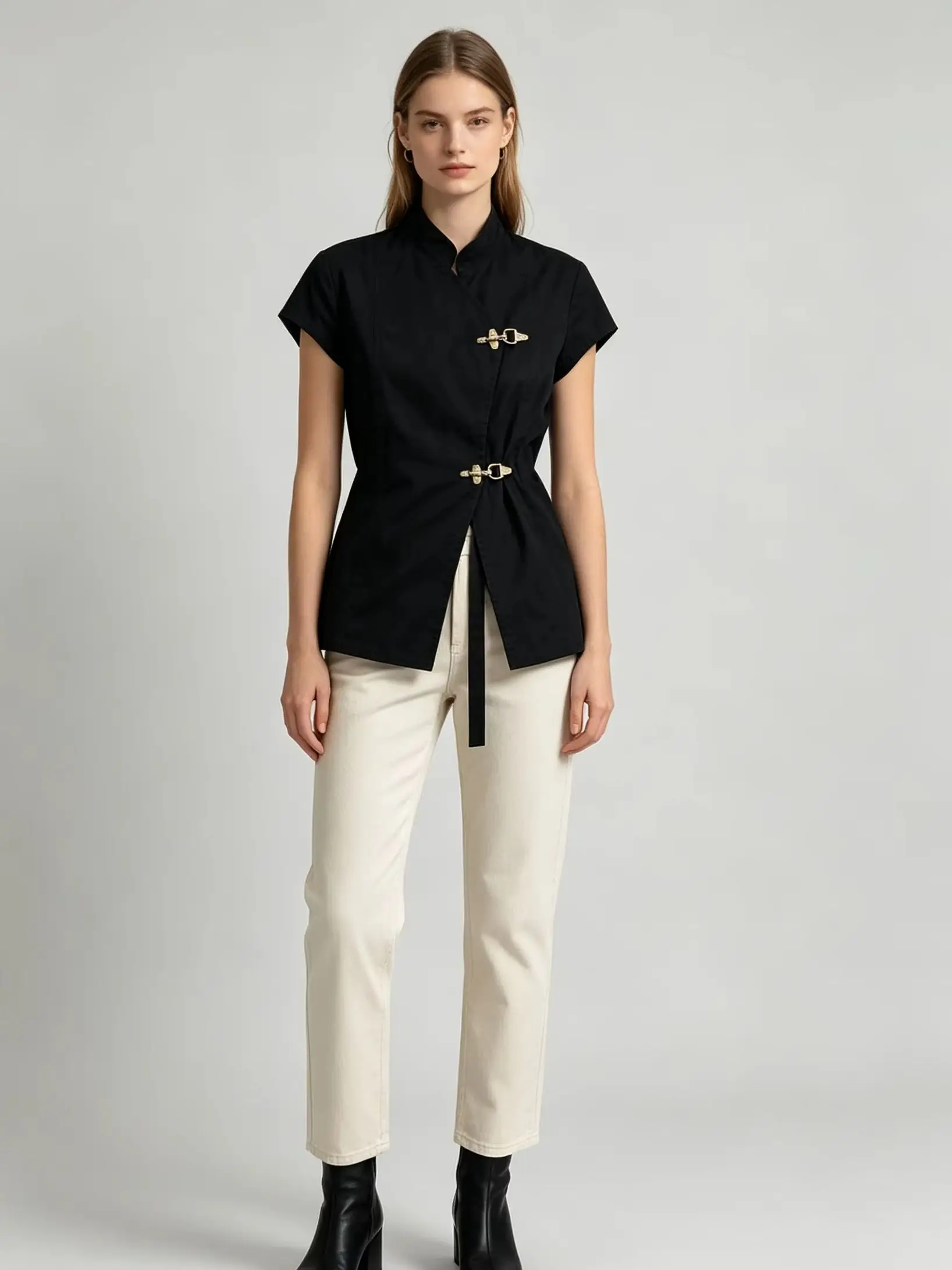 New Chinese Stand Collar Wrap Shirt for Women with Metal Buckle Waist Tie Slim Fit Black Short Sleeve Blouse