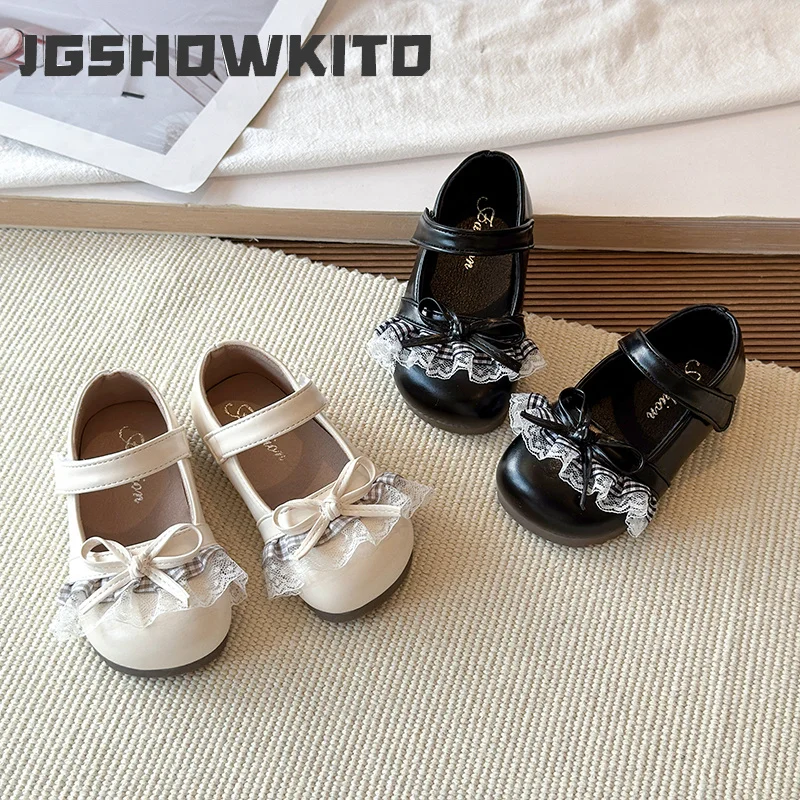 JGSHOWKITO Girls Mary Jane Shoes Lace Bowknot Decor Children's Leather Shoes for Perform Wedding Party Kids Princess Flat Shoes