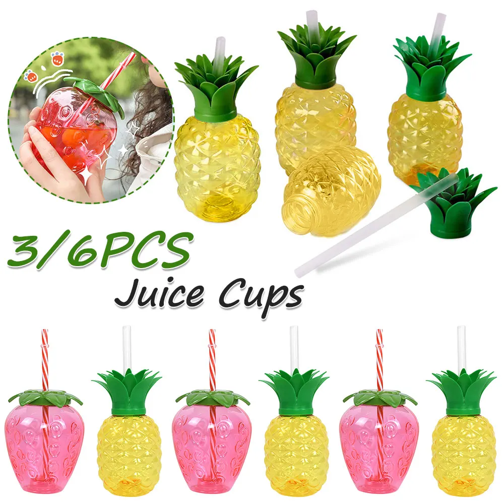 3/6pcs Hawaiian Summer Party Cup with Straw Pineapple/Strawberry Shape Tropical Summer Cups Creative Beach Party Favors