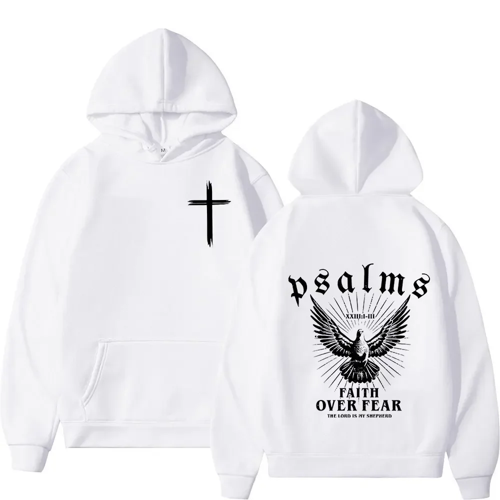 Men Faith Over Fear Psalm Cross Dove Front & Back Graphic Hoodie Casual Hip Hop Long Sleeve Streetwear Pullover Sweatshirt