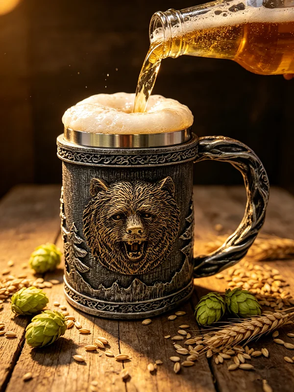 Jarra de Cerveza Vikinga con Cabeza de Oso, Jarra Nórdica de 450ml con Revestimiento de Acero Inoxidable, Jarra de Resina con Relieve 3D y Asa de Rama de Árbol, Estilo Salvaje