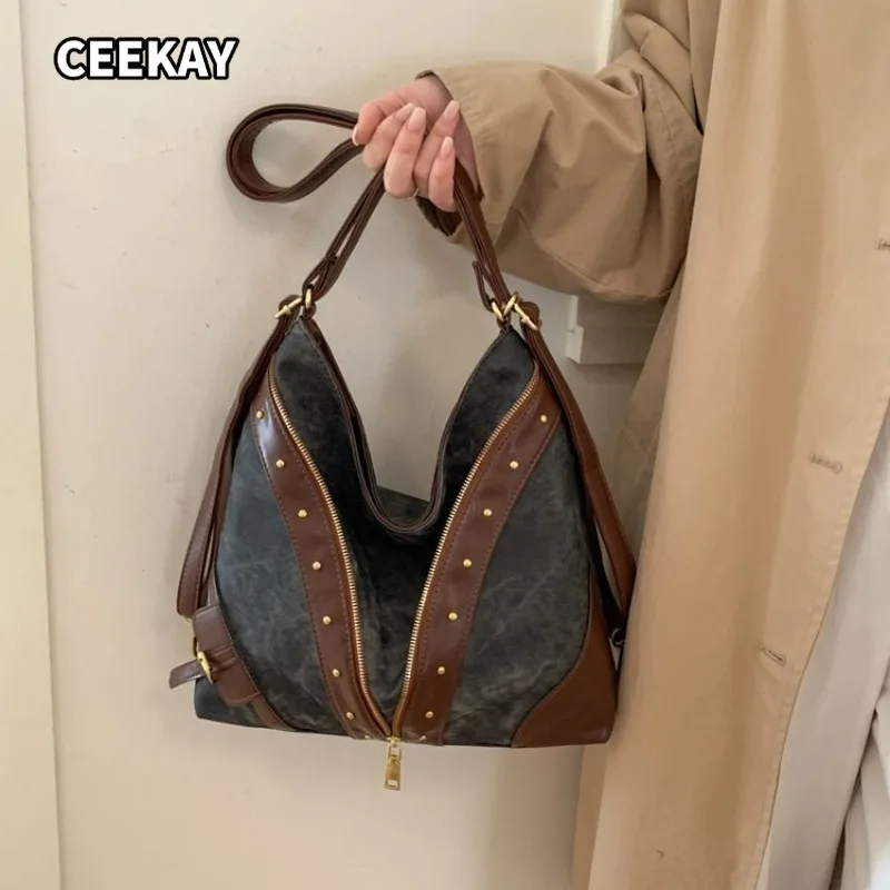 CEEKAY Fashionable Faux Leather Hobo Bag Slouchy Shoulder Tote with Rivet Decoration and Dual Zippers Versatile Purse for Women