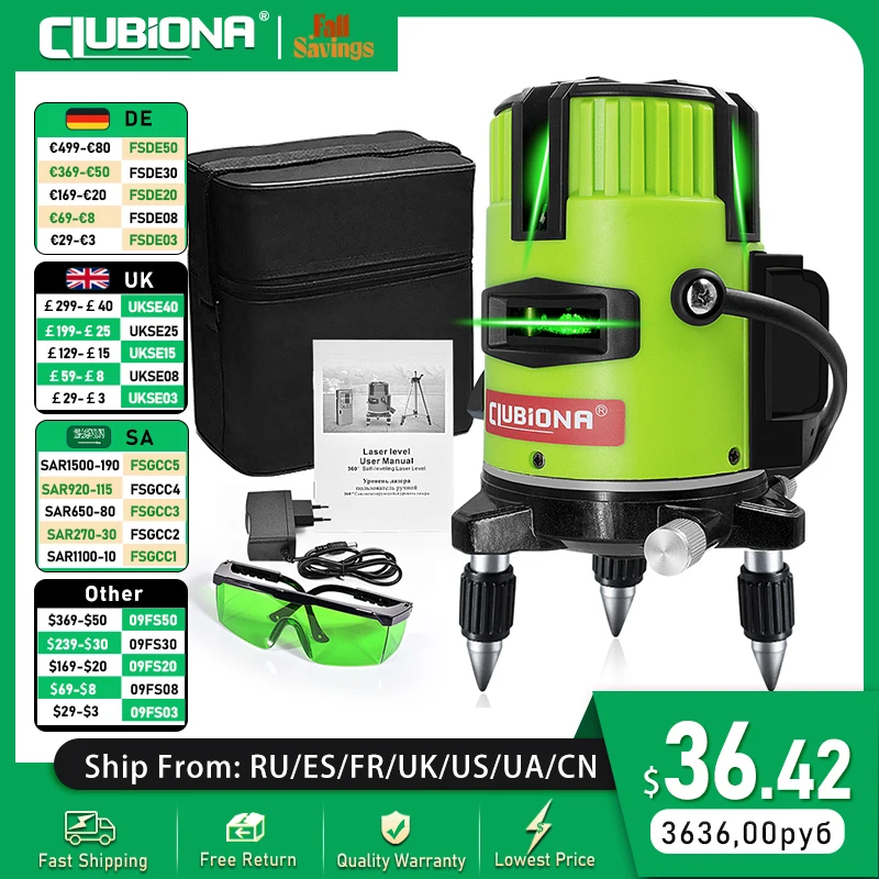 

Clubiona 6 Points 5 Lines Laser Level Self-leveling Tilt Slash Function and Pulse Mode - Receiver Available Auto Line Measure