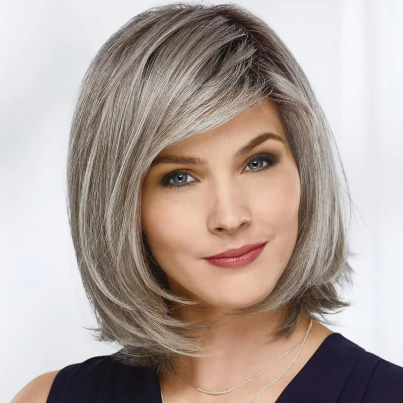 

Women Short Bob Grey Wig Ombre Gray Wigs Straight Dark Roots Natural Gray Wigs