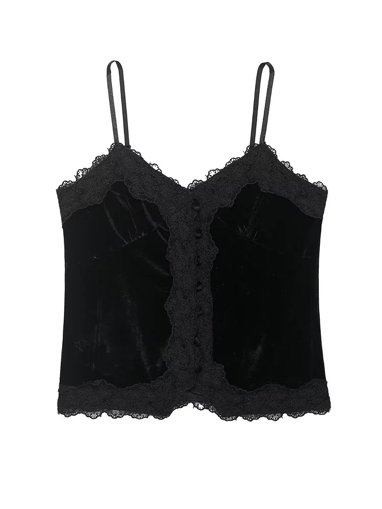 

HH Woman Fashion French Black Lace Splice Decoration Velvet Sling Backless Sling V-Neck Leisure Sleeveless Summer Short Tops