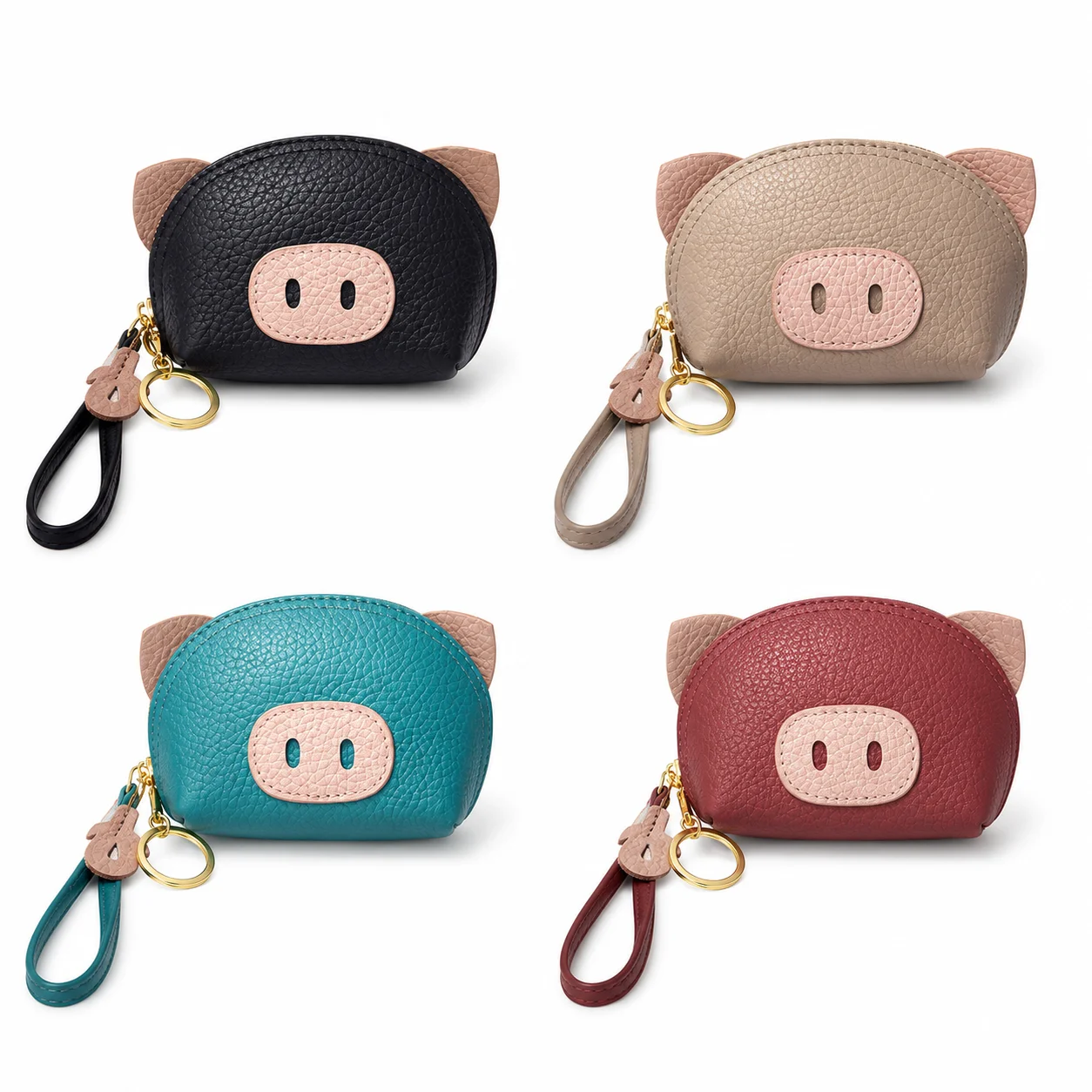 4Pcs Cartoon Pig Design Mini Zipper Storage Pouches Portable Hand Strap Coin Purse Key Pouch for Small Items