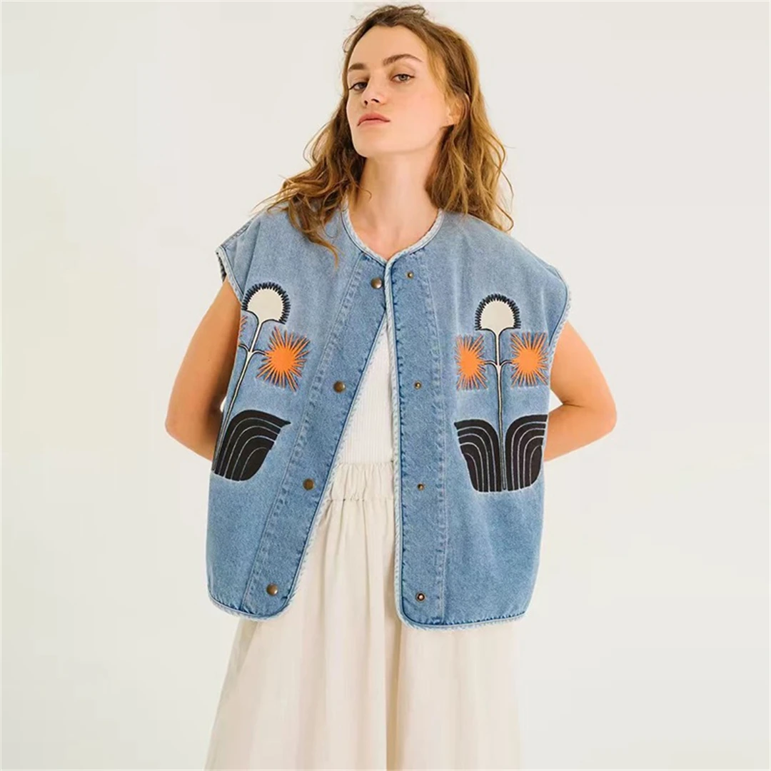 

Paris Tinse Embroidered Floral Patchwork Denim Vest Spring 2026 Cotton Casual Loose Fit Women's Vest Fashion Outerwear