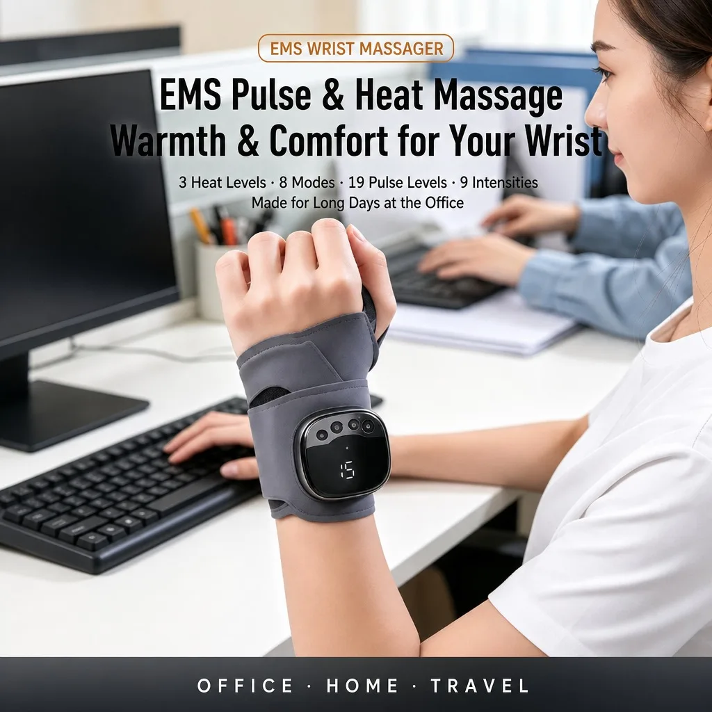 EMS Wrist Massager with Heat, Rechargeable Hand Wrist Massage Pulse Modes, Office Home Travel USB-C Gift