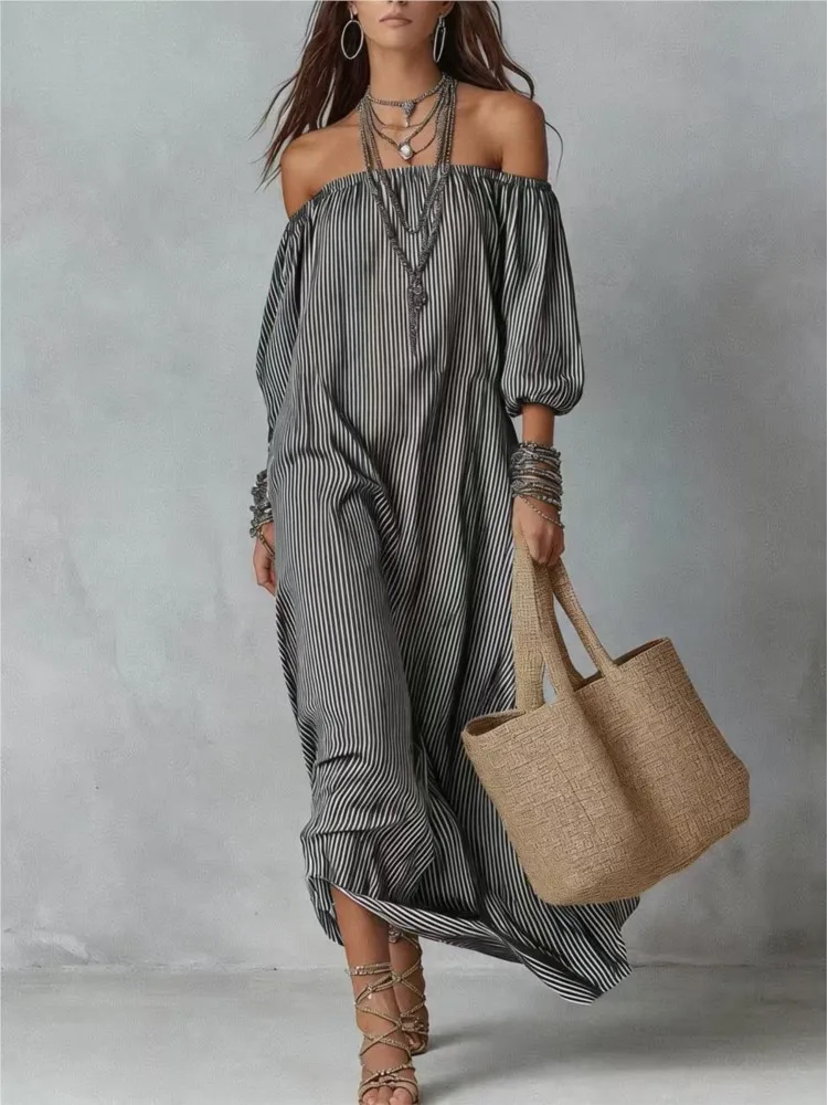 Casual Dresses New Spring Summer Elegant Striped Off-shoulder Loose Holiday Fashion Dress For Women Office Holiday Party Dress - Image 5
