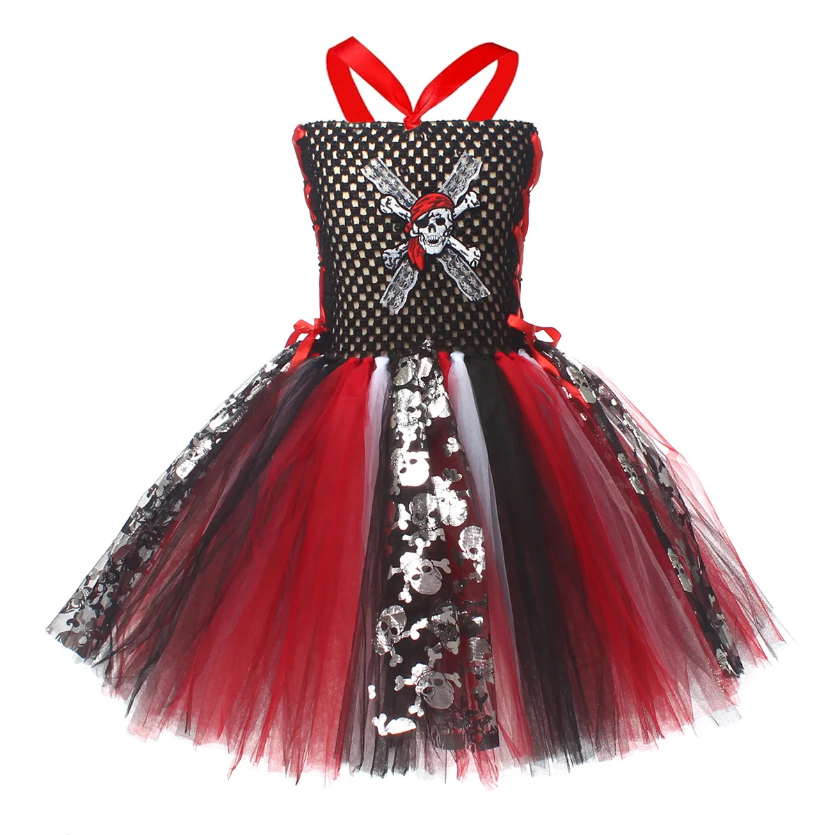 Halloween Masquerade Carnival Party Role Play Pirate Theme Red Black Sparkly Dress Skull decoration With Cape Eye Patch Outfit