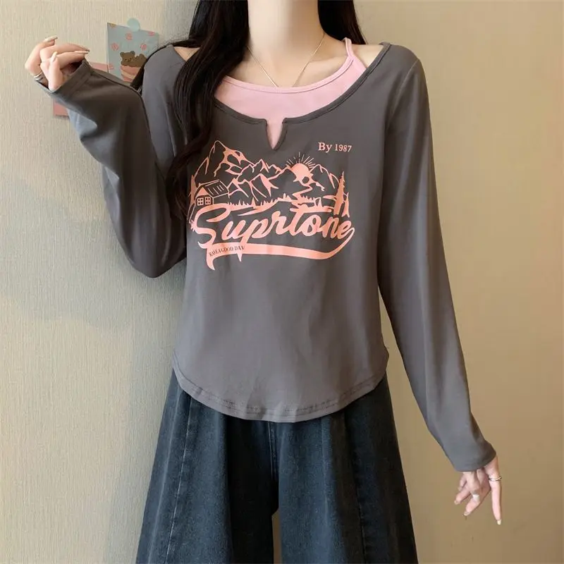 Fake Two Pieces Letter Printed T-shirt Spring Autumn Patchwork O-Neck Halter Basic Female Clothing Casual Long Sleeve Pullovers