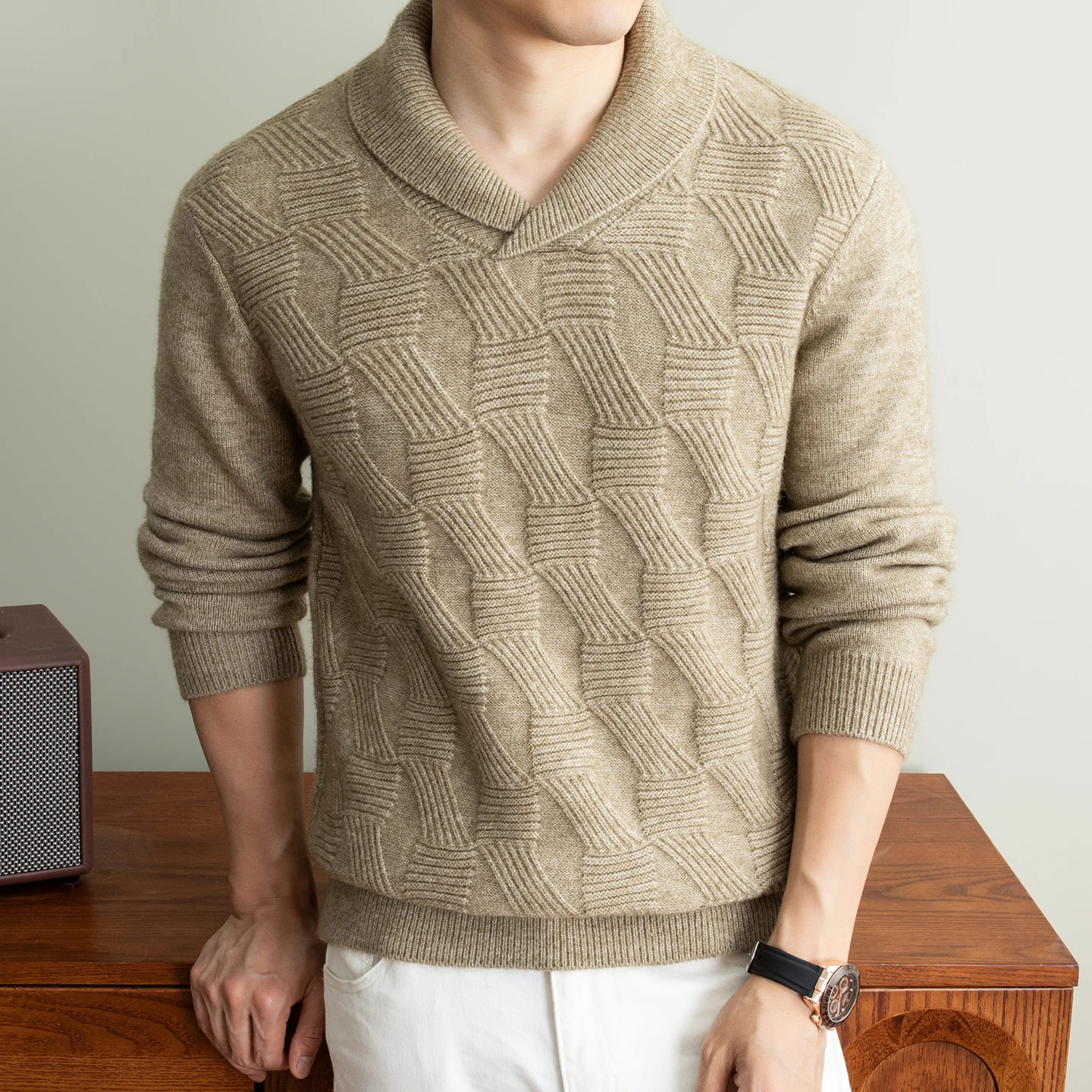Light luxury new thicken men knitted sweater fashion personality lapel solid color jacquard autumn winter warm high-end pullover