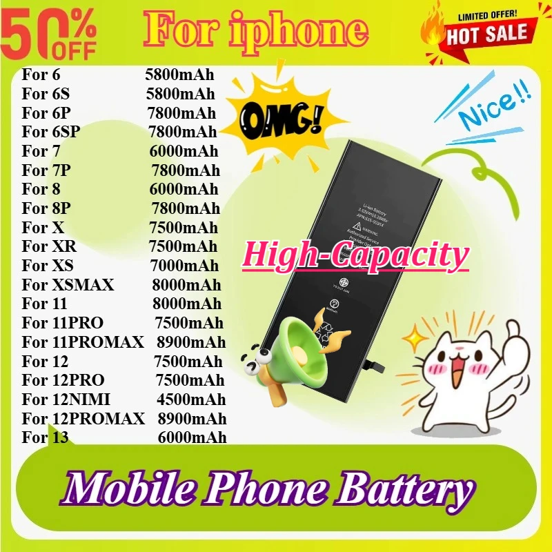 High-Capacity Mobile Phone Battery for IPhone 6 6S 6SP 7 7P 8 X XR XS 11 11PRO 12PRO 12PROMAX 13 Replacement Battery with Tools