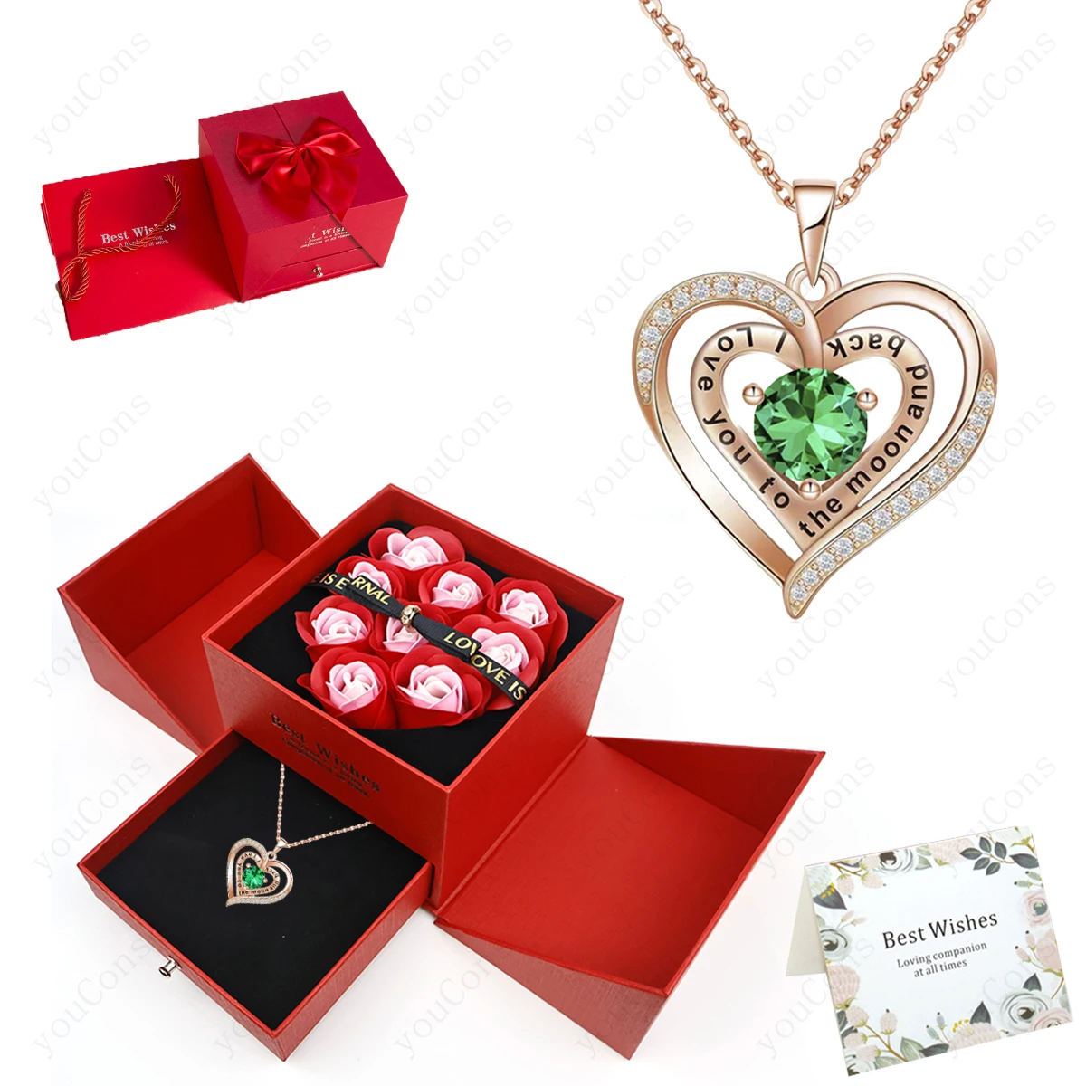 

Кулон-сердце с бантом в синей коробке с розой для женщин, жены, девушки, мамы на Рождество, День рождения, 2026, ювелирные изделия