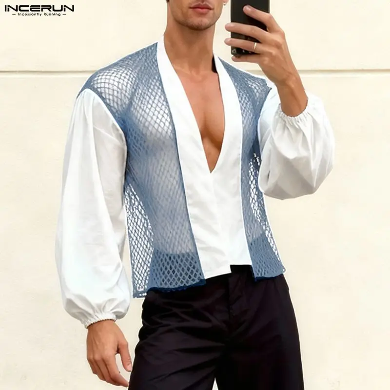 INCERUN Men Shirt Mesh Patchwork V Neck Long Sleeve Sexy Male Tops Camisas Streetwear See Through Fashion Men Clothing Loose