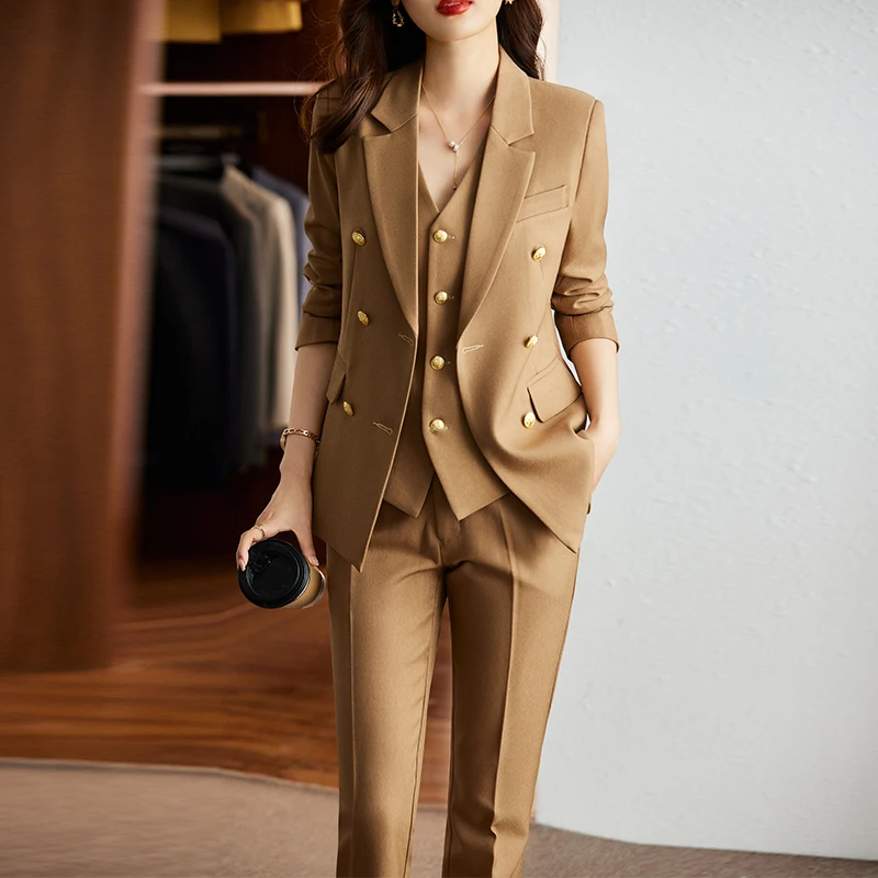 Women's Spring Fall Office Suit Fashion Blazer&Vest Pantsuit Simple Solid Color Long Sleeve Trousers Blazers Pants Sets