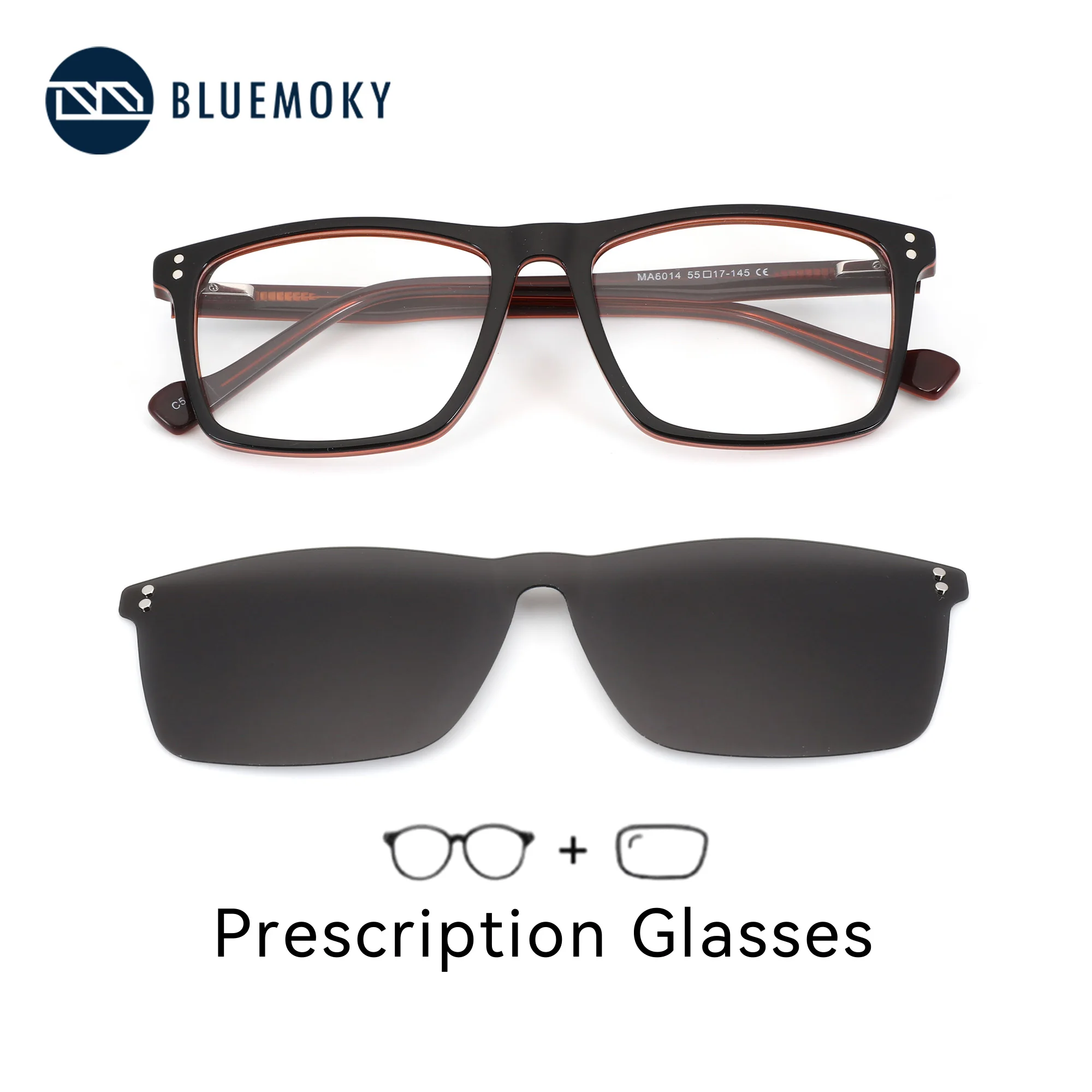 BLUEMOKY M Size Square Clip On Prescription Glasses For Men Acetate Polarized UV400 Sports Myopia Graduated Lenses Eyeglasses