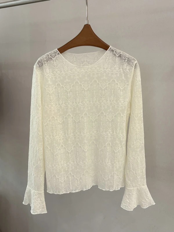 

Женская ультратонкая базовая блузка с кружевными рукавами-колокол и изящной линией плеч, с длинным рукавом, для ношения под одеждой, Весна 2026