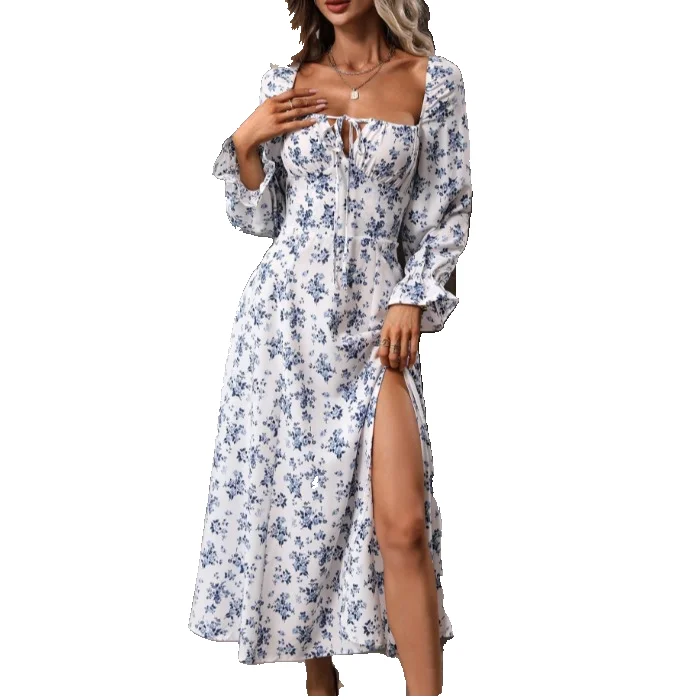 보헤미안 미디 드레스 여성용 스위트 스타일 긴팔 스퀘어 넥 벨트 플로럴 프린트 컷아웃 A라인 드레스