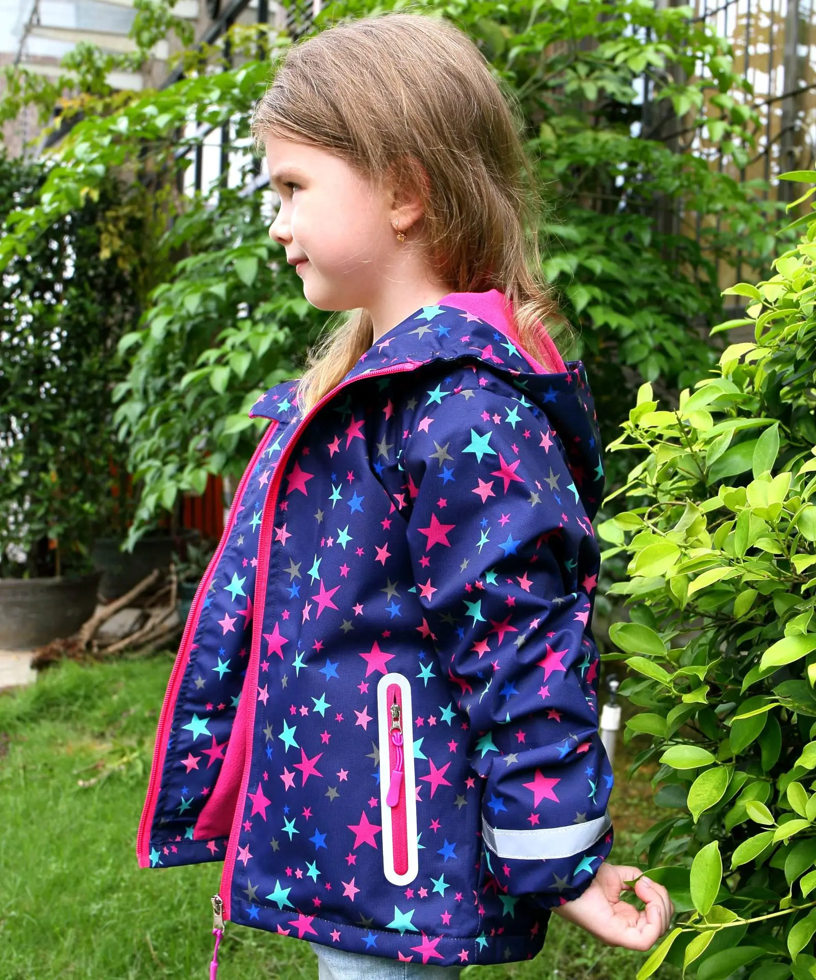 Girls Tie Dye Zip-up Jacket With Thin Fleece-lined Night Vision & Reflective Label, Trendy Windbreaker For Spring Fall