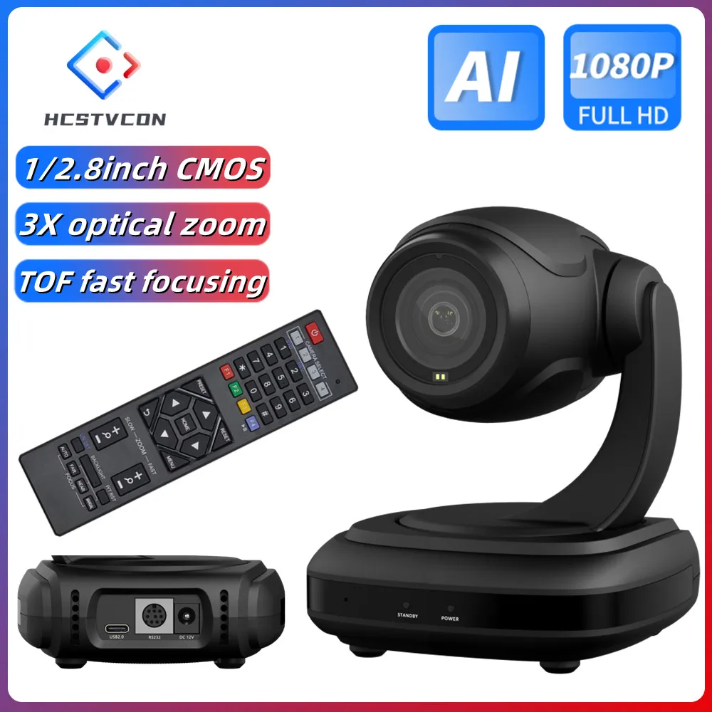 1080P HD Webcam AI Tracking Mini Camera USB2.0 3X Optical Zoom TOF Fast Focus PTZ Camera for Church Live Stream Zoom Broadcast