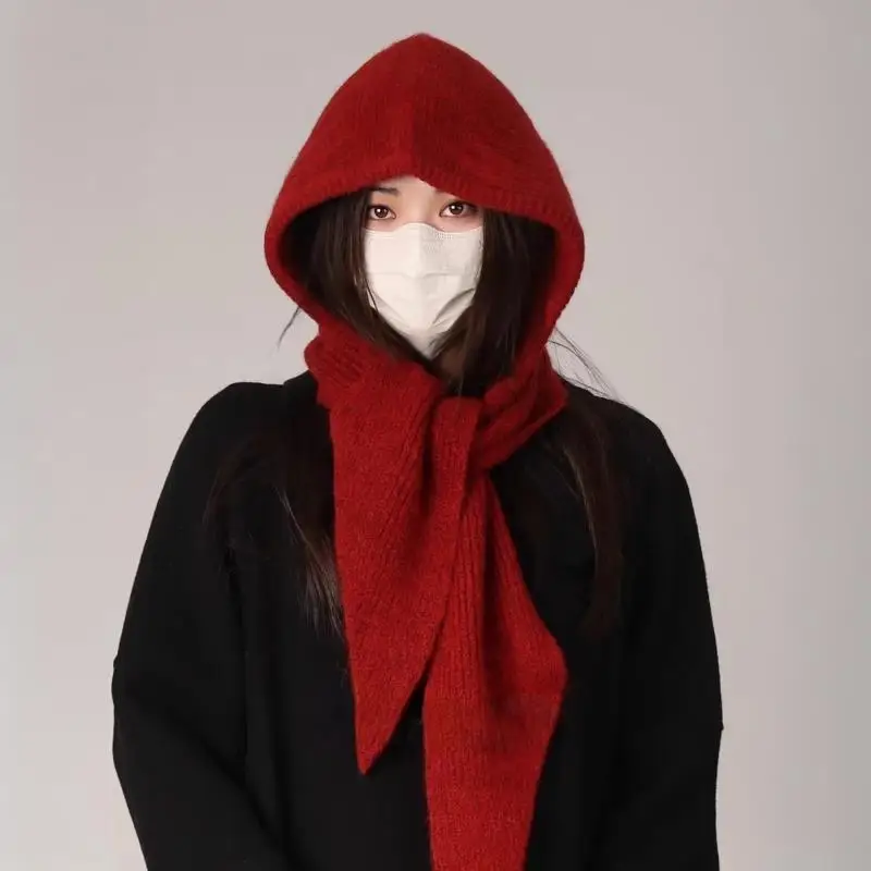 

Korean Style Knitted Balaclava Bonnet One-Piece Thickened Scarf Cap Hooded Hat Winter Thickened Warm Neck Protection Scarf Hood