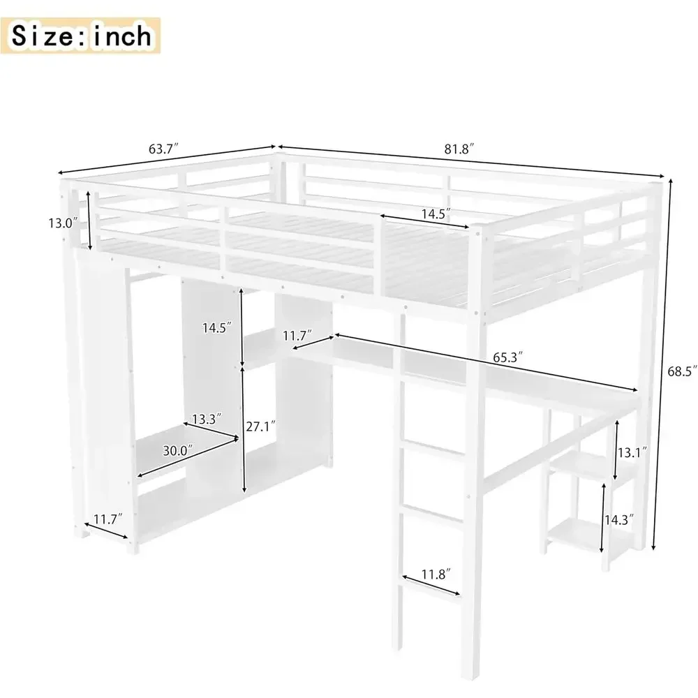 Queen Size Metal Bed with Built-in Wardrobe, Desk, and Storage for Kids, Teens, and Adults in White