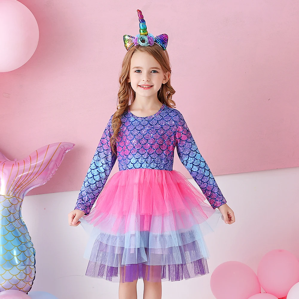 Vikita Kinder Langarm Kleid Mädchen Meerjungfrau Druck Kleider Kinder Farbverlauf bunte Kleid Mädchen Prinzessin geschichteten Tüll Tutu Kleider – Detail 3