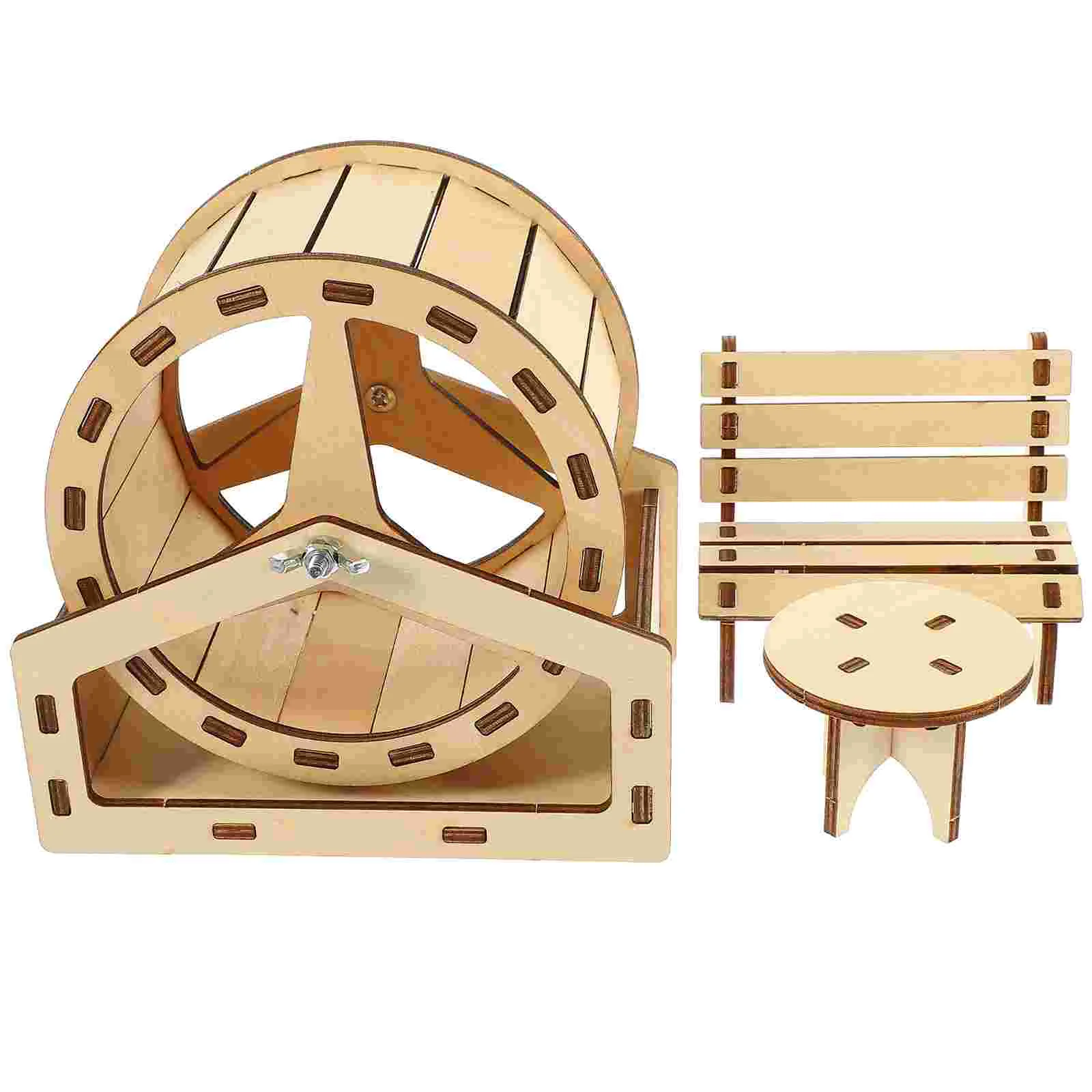 

2pcs Hamster Wooden House Toys Small Animal Habitat Decoration Running Wheel Treadmill Pet Cage Furniture Set Wood Material