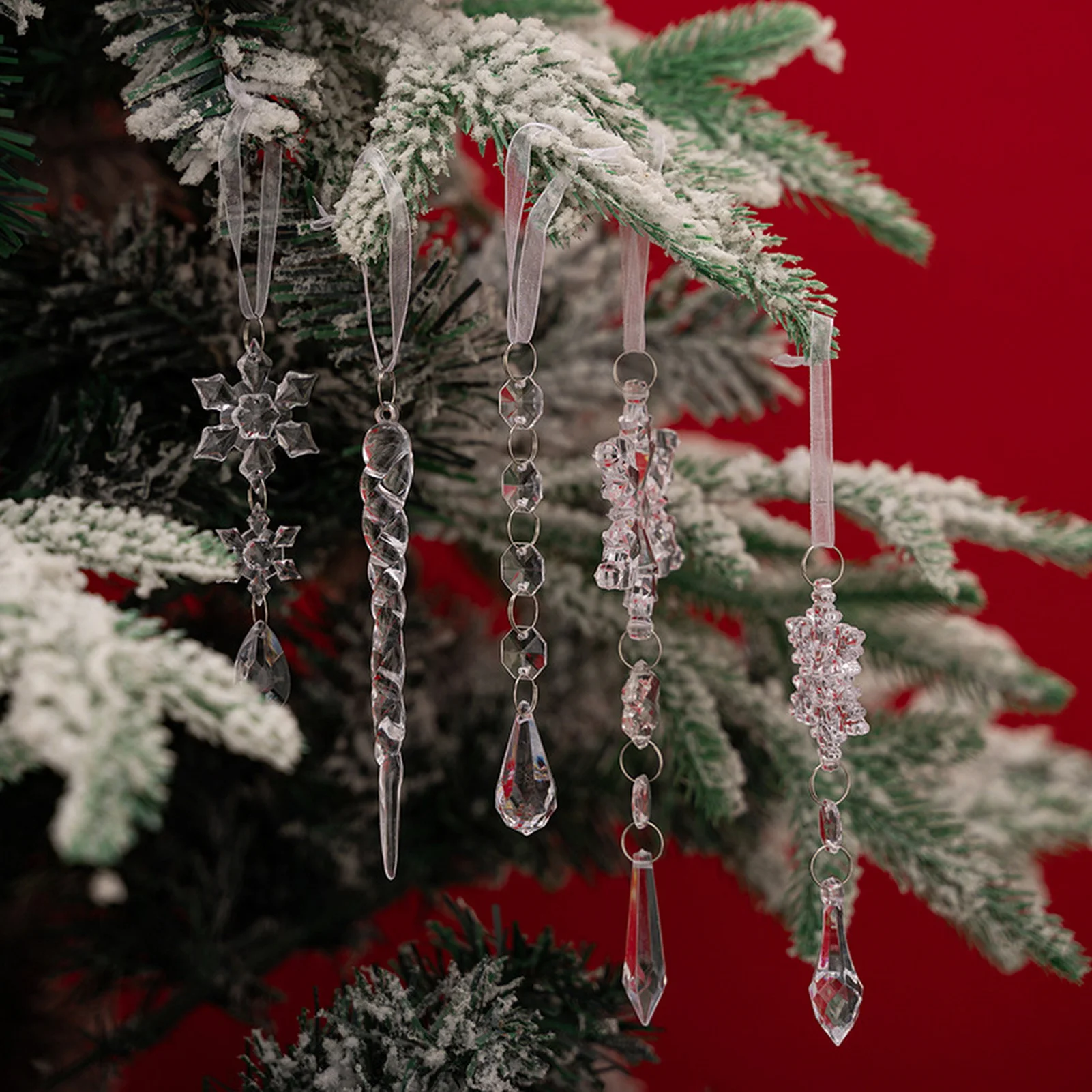 5PCS Christmas Snowflake Pendants Clear Acrylic Icicles Drop Ornaments Fits DIY Christmas Tree Snowflakes Decoration Pendant