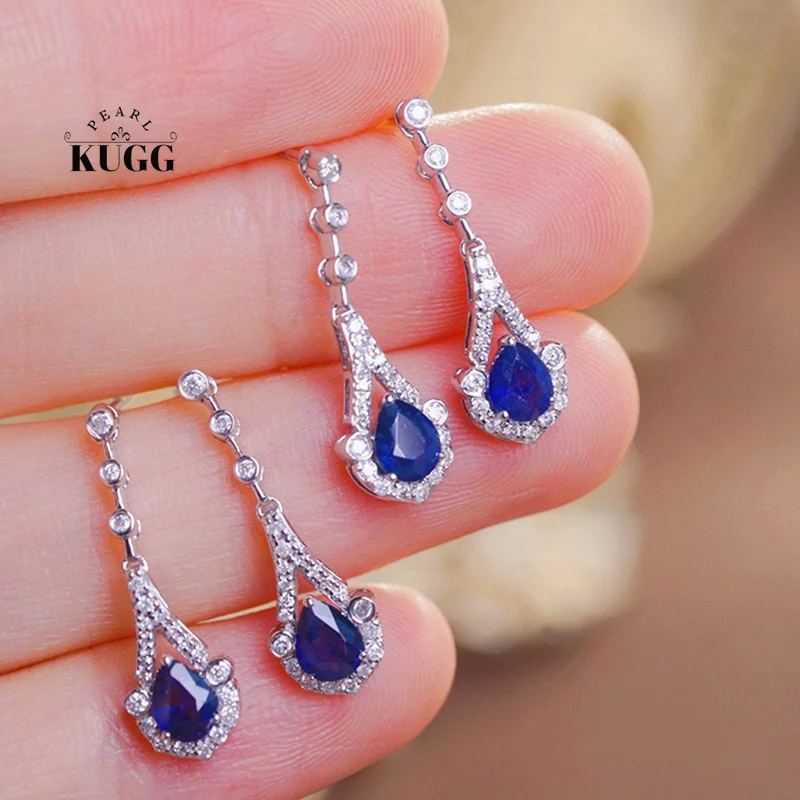 

KUGG 100% 18K White Gold Earrings Elegant Gentle Style Shiny Diamond Natural Sapphire Earrings for Women High Wedding Jewelry