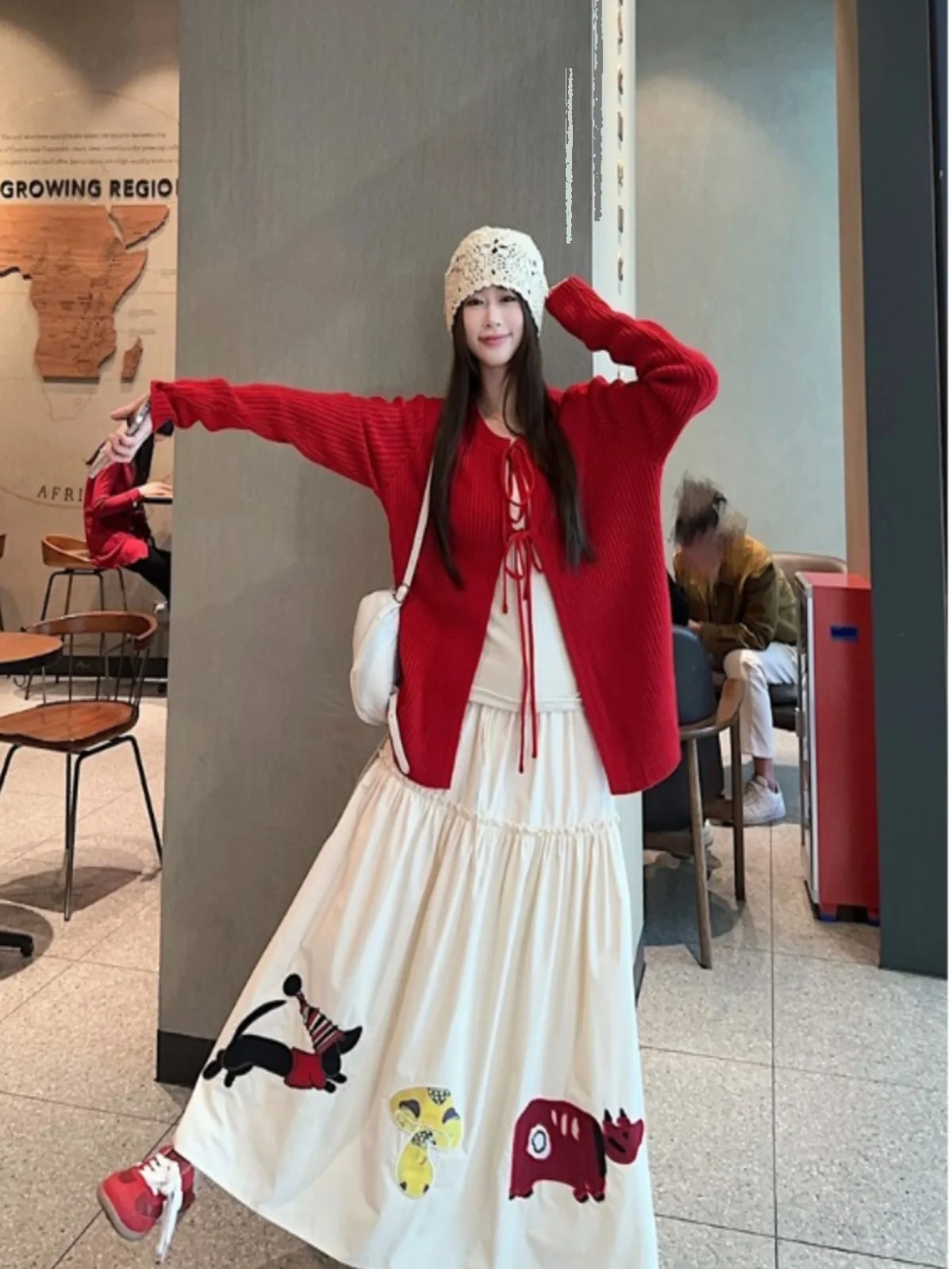 Elegância vermelho rendas tricô cardigall malhas topos feminino primavera outono moda de cintura alta elastil casual saias de impressão animal