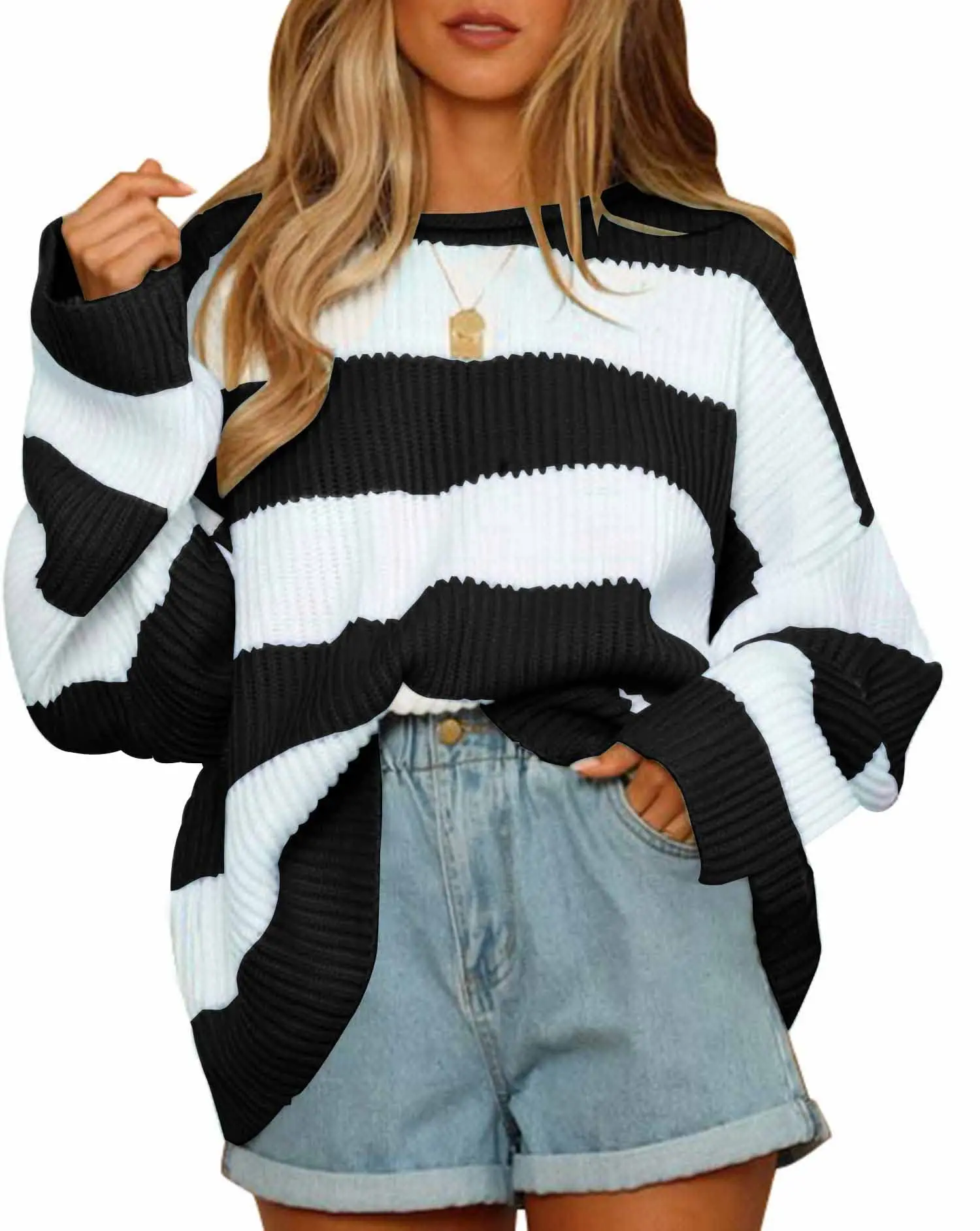 Temperament Crew Neck Long Sleeve Knitwear Women\'s Autumn and Winter Stripes Loose Casual Comfortable Simple Sweater Top Women