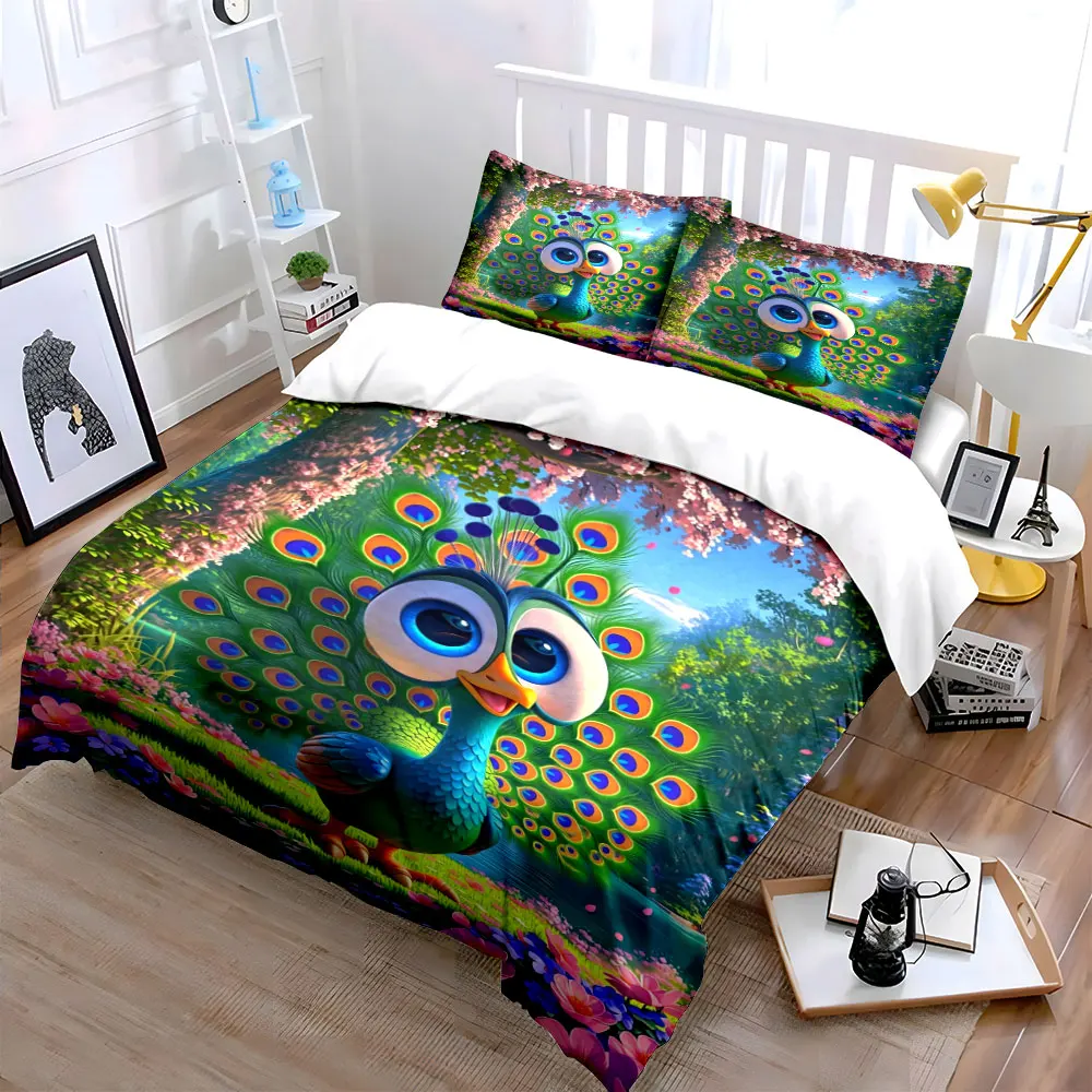 Cartoon Peacock in Vibrant Garden Bedding Set for Kids Luxury Gift 3pcs Digital Print Comforter Set Soft Comfortable Breathable