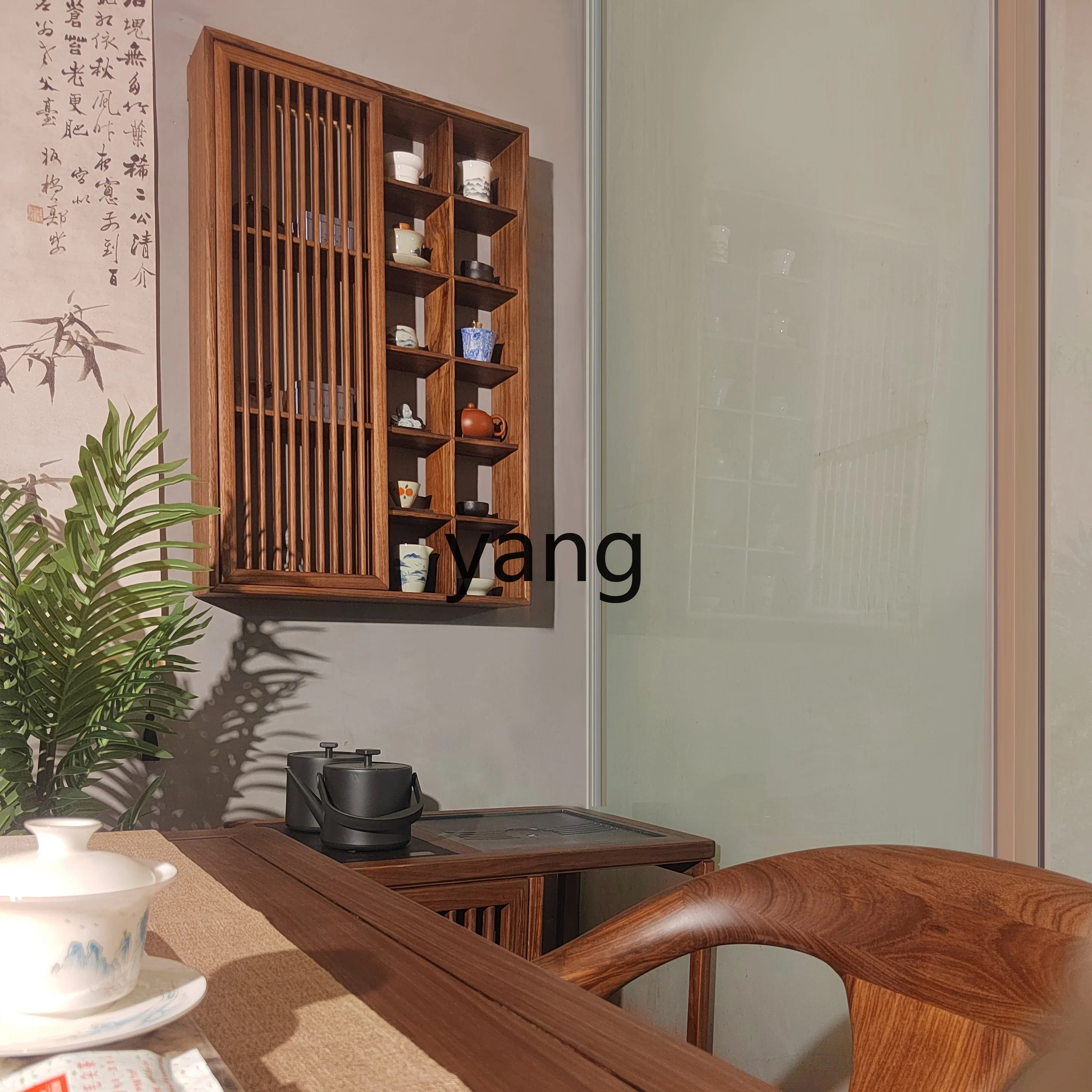LH new Chinese ebony Duobao Pavilion plaid tea cup ornament tea set rack hanging on the wall rack