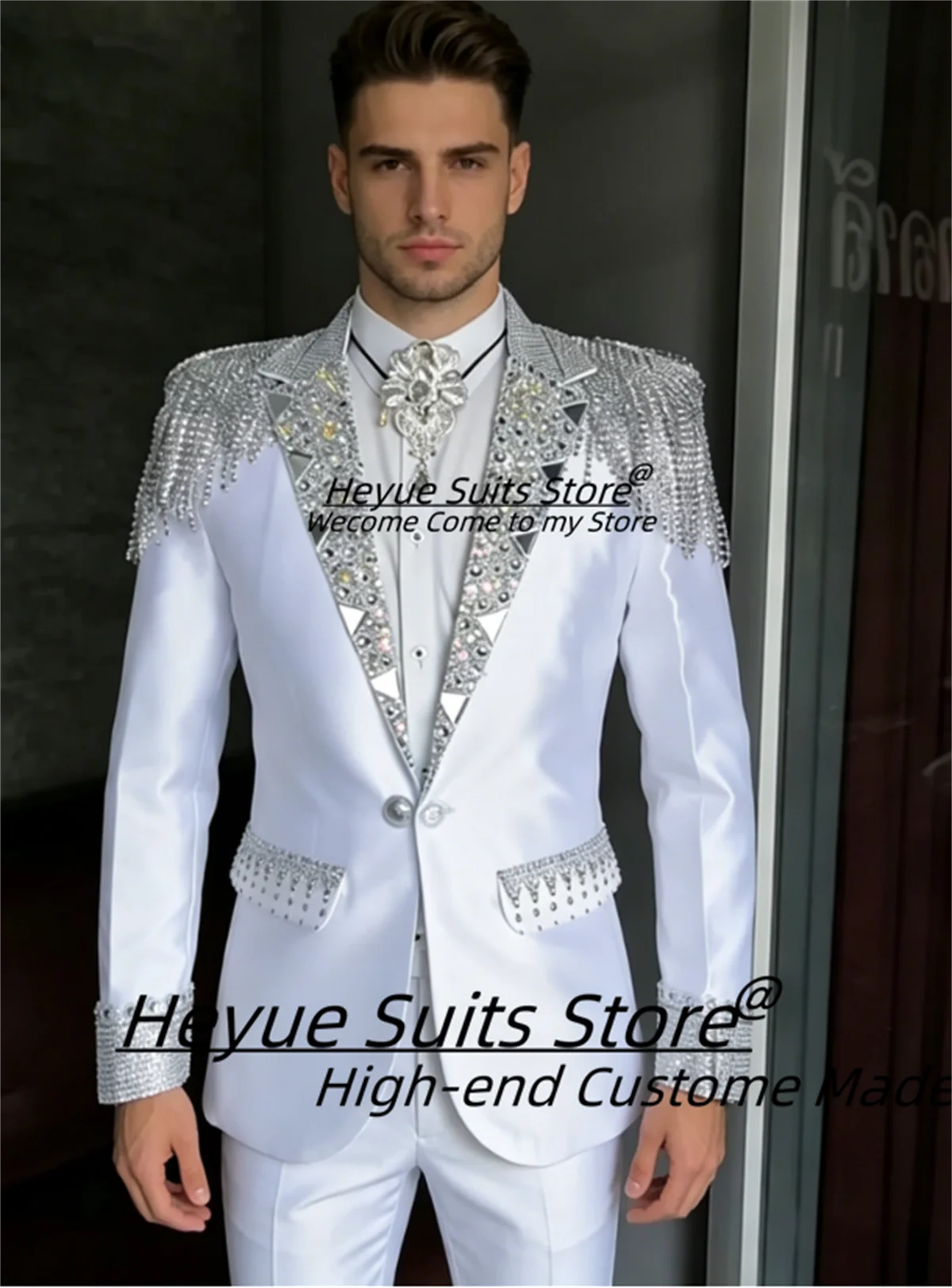 

Luxurious White Shine Men Suits Customized Slim Notched Lapel Groom Wedding Tuxedos 2Pieces Sets Male Formal Blazers Ropa Hombre